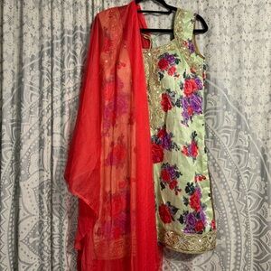 Womens Indian Pakistani Floral Suit Salwar Mint Green Pink Size 38